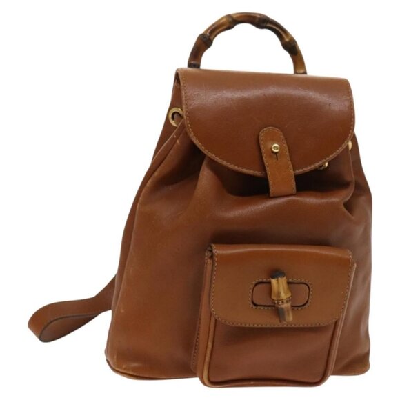 GUCCI Bamboo Backpack Leather Brown Gold - Picture 2 of 16